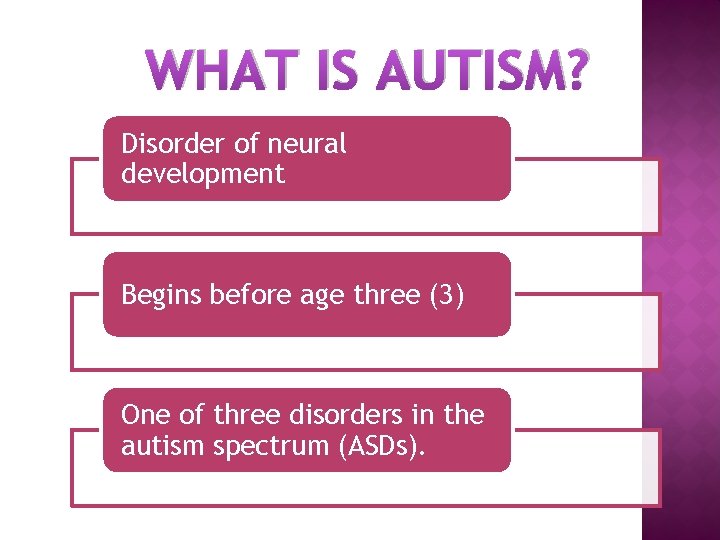 WHAT IS AUTISM? Disorder of neural development Begins before age three (3) One of