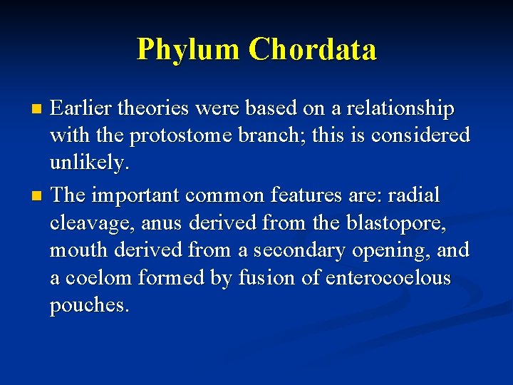 Phylum Chordata Earlier theories were based on a relationship with the protostome branch; this