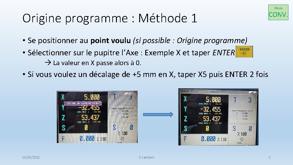 Origine programme : Méthode 1 Mode CONV. • Se positionner au point voulu (si