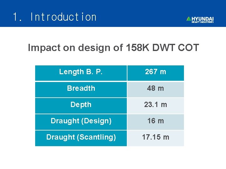 1. Introduction Impact on design of 158 K DWT COT Length B. P. 267