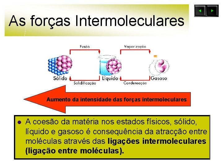 As forças Intermoleculares Aumento da intensidade das forças intermoleculares l A coesão da matéria