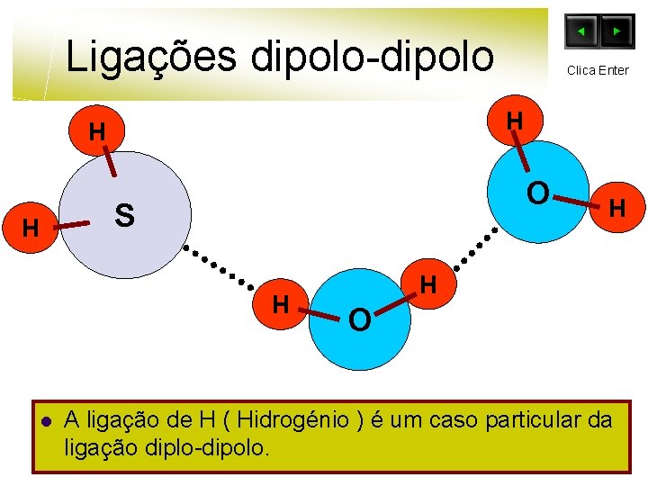 Ligações dipolo-dipolo H H O S H H l Clica Enter H H O