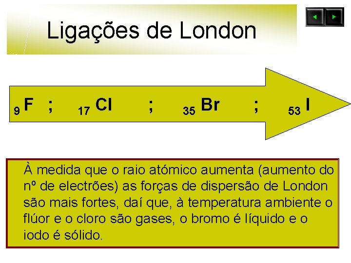 Ligações de London 9 F ; 17 Cl ; 35 Br ; 53 I