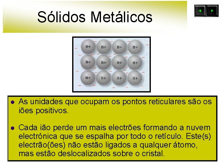 Sólidos Metálicos l As unidades que ocupam os pontos reticulares são os iões positivos.