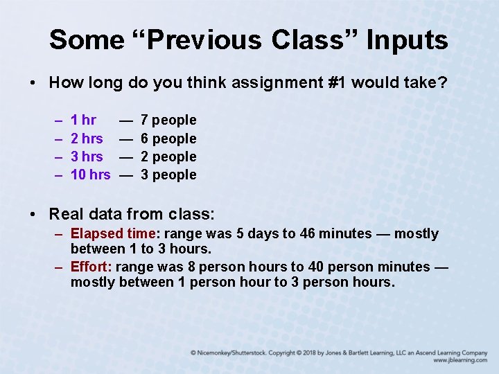 Some “Previous Class” Inputs • How long do you think assignment #1 would take?