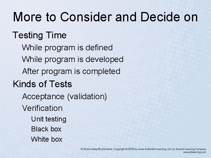 More to Consider and Decide on Testing Time While program is defined While program