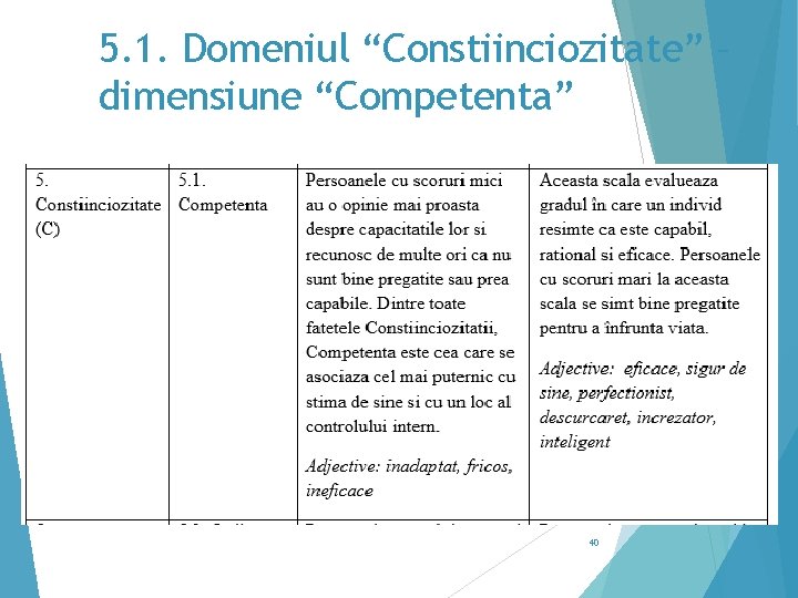 5. 1. Domeniul “Constiinciozitate” – dimensiune “Competenta” 40 