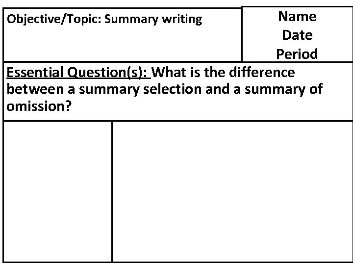 Name Date Period Essential Question(s): What is the difference between a summary selection and