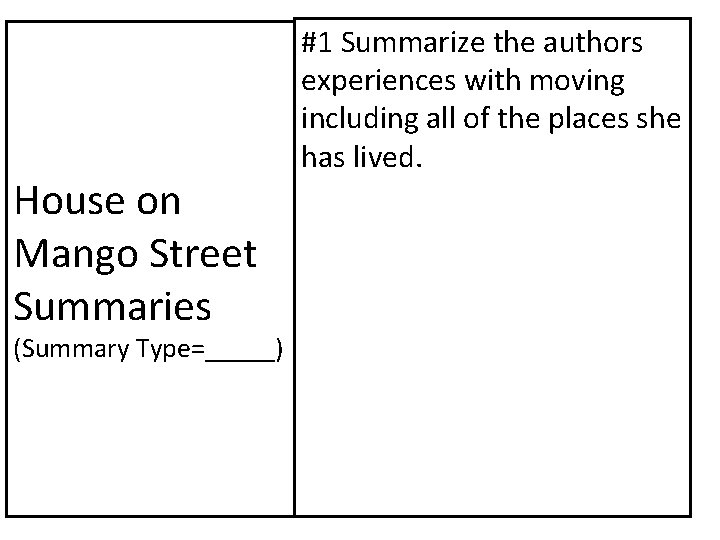 House on Mango Street Summaries (Summary Type=_____) #1 Summarize the authors experiences with moving