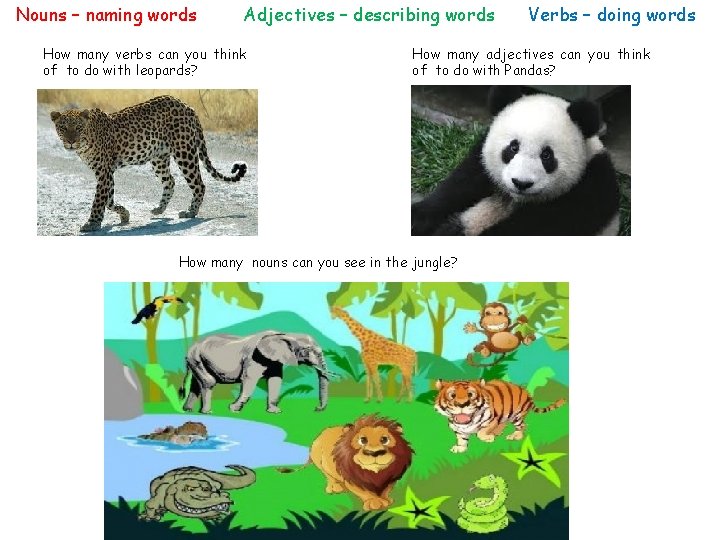 Nouns – naming words Adjectives – describing words How many verbs can you think