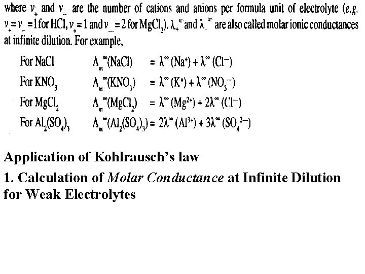 Application of Kohlrausch’s law 1. Calculation of Molar Conductance at Infinite Dilution for Weak