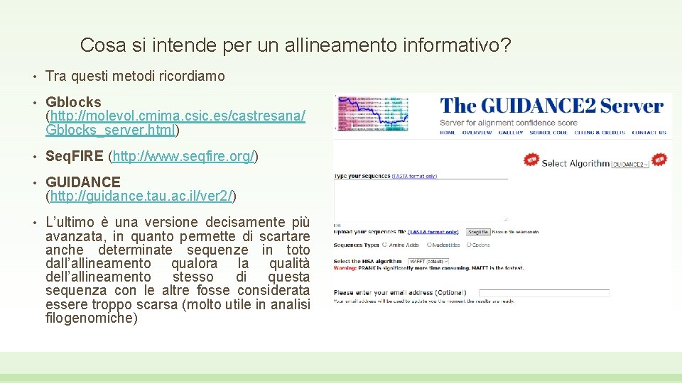 Cosa si intende per un allineamento informativo? • Tra questi metodi ricordiamo • Gblocks