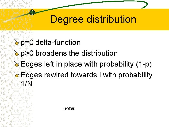 Degree distribution p=0 delta-function p>0 broadens the distribution Edges left in place with probability