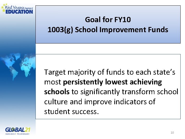 Goal for FY 10 1003(g) School Improvement Funds Target majority of funds to each