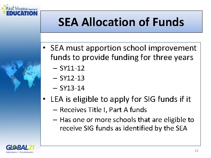 SEA Allocation of Funds • SEA must apportion school improvement funds to provide funding