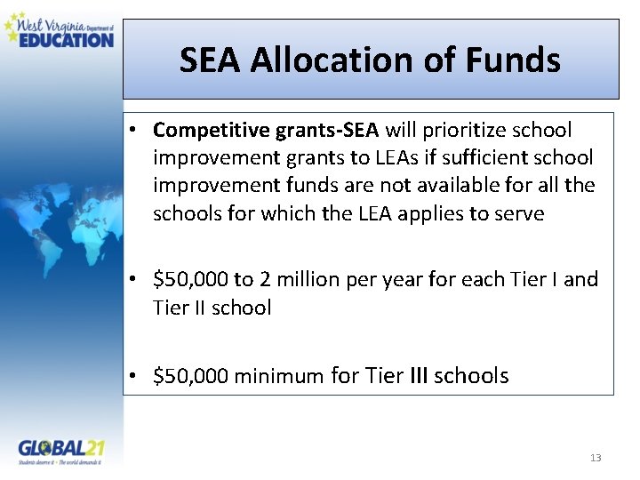 SEA Allocation of Funds • Competitive grants-SEA will prioritize school improvement grants to LEAs
