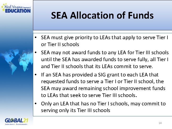 SEA Allocation of Funds • SEA must give priority to LEAs that apply to