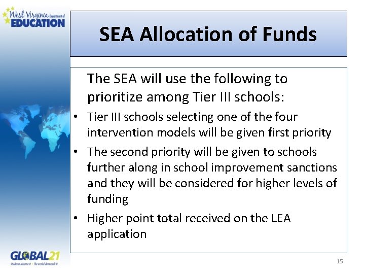 SEA Allocation of Funds The SEA will use the following to prioritize among Tier
