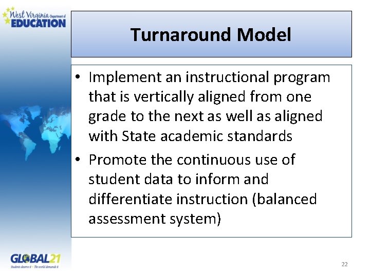 Turnaround Model • Implement an instructional program that is vertically aligned from one grade