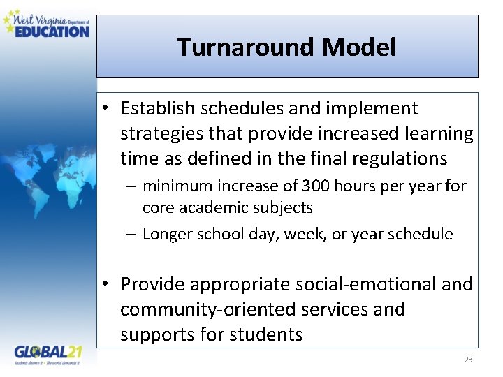 Turnaround Model • Establish schedules and implement strategies that provide increased learning time as