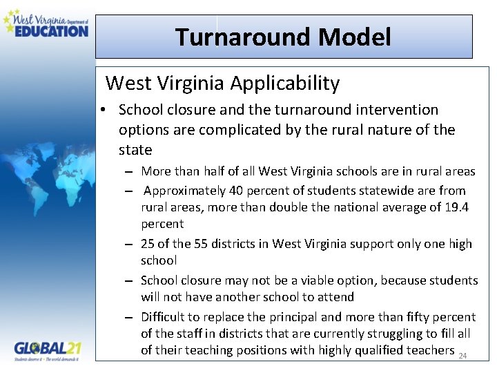 Turnaround Model West Virginia Applicability • School closure and the turnaround intervention options are