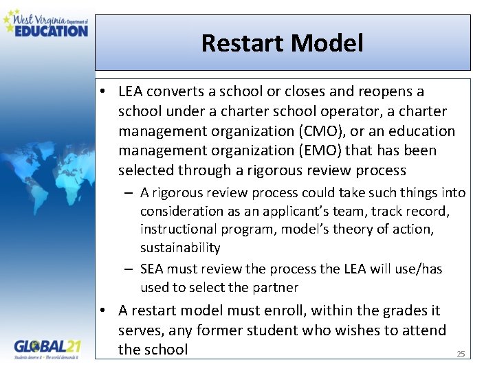 Restart Model • LEA converts a school or closes and reopens a school under