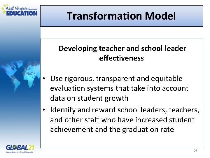 Transformation Model Developing teacher and school leader effectiveness • Use rigorous, transparent and equitable