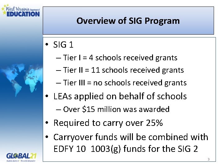 Overview of SIG Program • SIG 1 – Tier I = 4 schools received