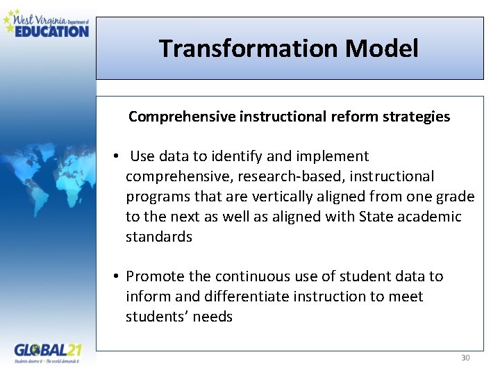 Transformation Model Comprehensive instructional reform strategies • Use data to identify and implement comprehensive,