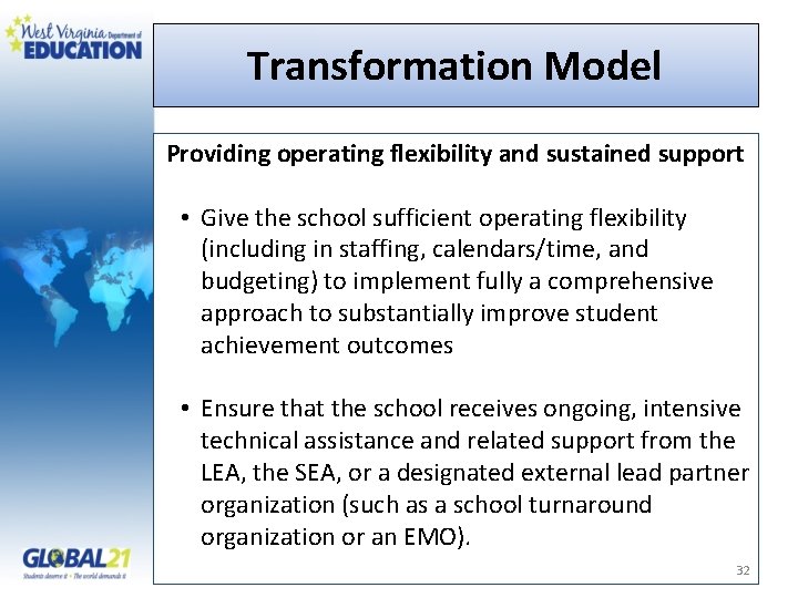 Transformation Model Providing operating flexibility and sustained support • Give the school sufficient operating