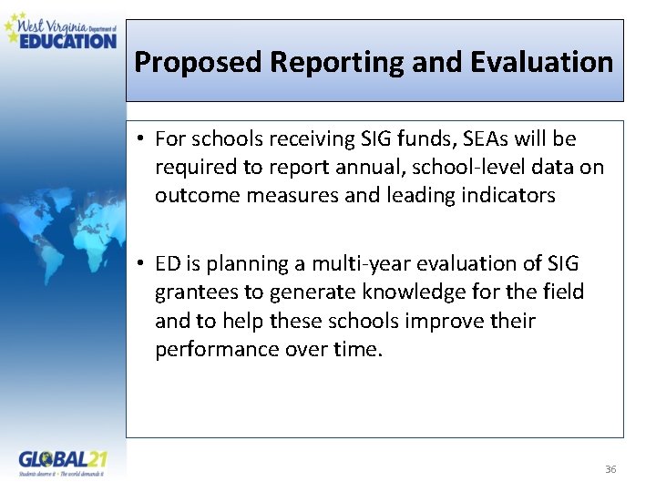 Proposed Reporting and Evaluation • For schools receiving SIG funds, SEAs will be required