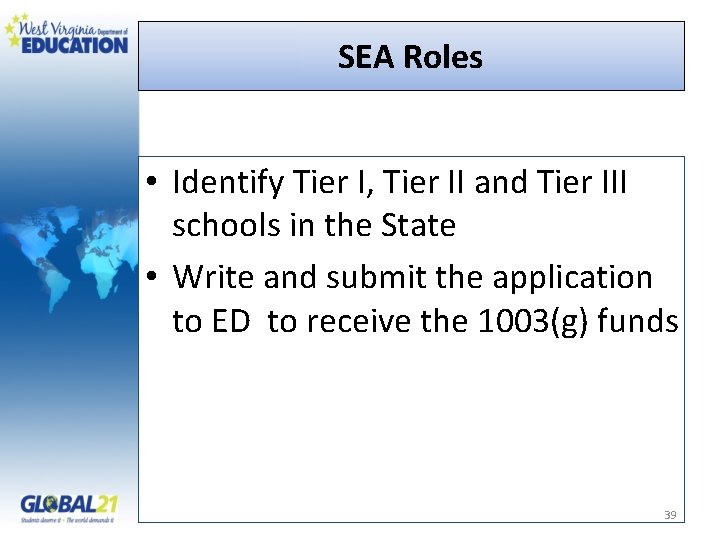 SEA Roles • Identify Tier I, Tier II and Tier III schools in the