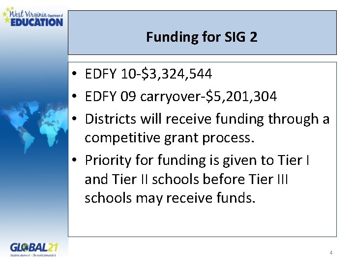 Funding for SIG 2 • EDFY 10‐$3, 324, 544 • EDFY 09 carryover‐$5, 201,