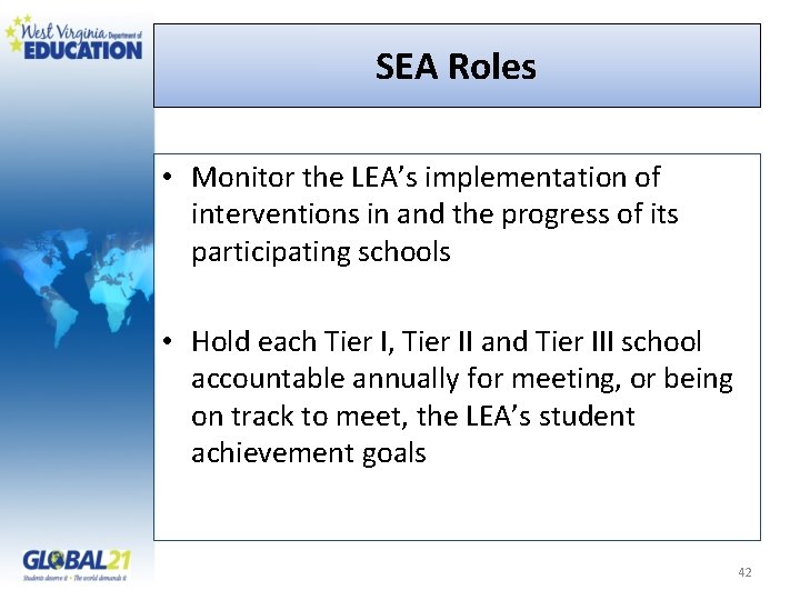 SEA Roles • Monitor the LEA’s implementation of interventions in and the progress of