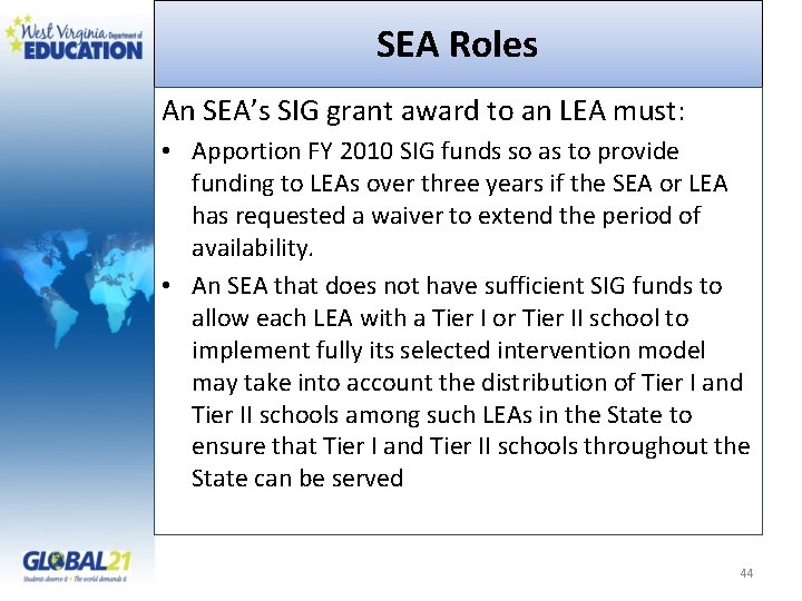 SEA Roles An SEA’s SIG grant award to an LEA must: • Apportion FY