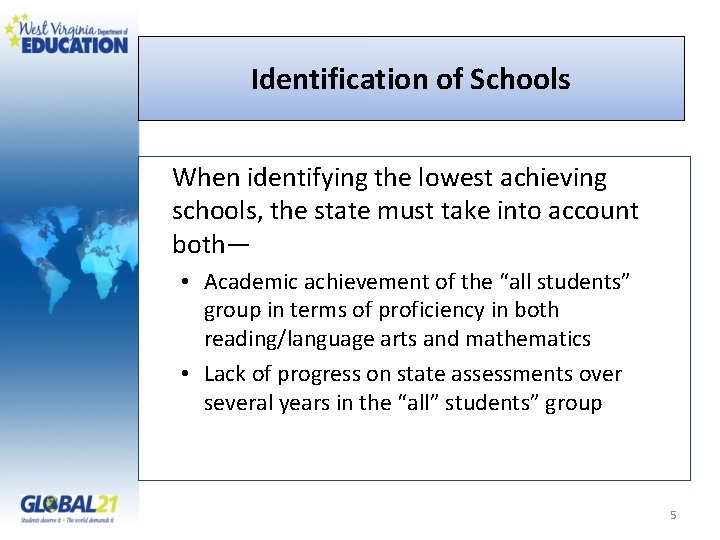 Identification of Schools When identifying the lowest achieving schools, the state must take into