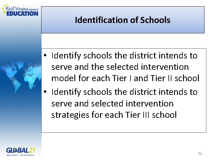 Identification of Schools • Identify schools the district intends to serve and the selected