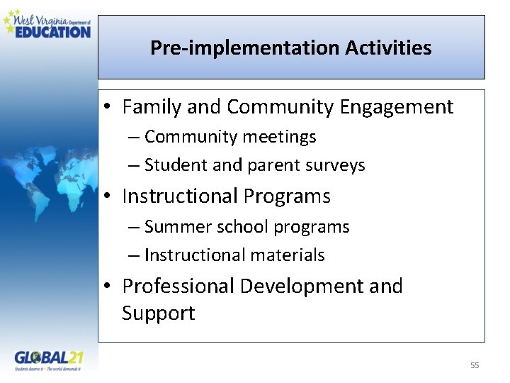 Pre-implementation Activities • Family and Community Engagement – Community meetings – Student and parent