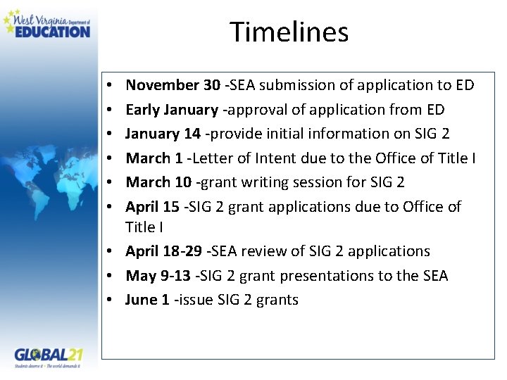 Timelines November 30 ‐SEA submission of application to ED Early January ‐approval of application