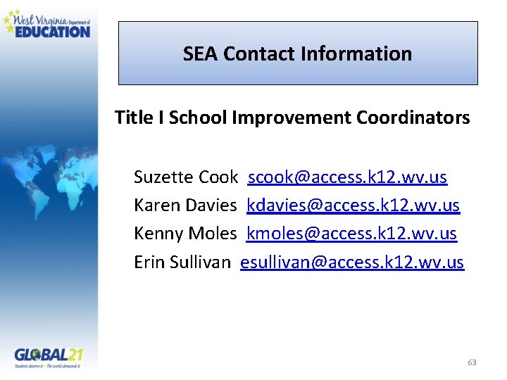 SEA Contact Information Title I School Improvement Coordinators Suzette Cook scook@access. k 12. wv.