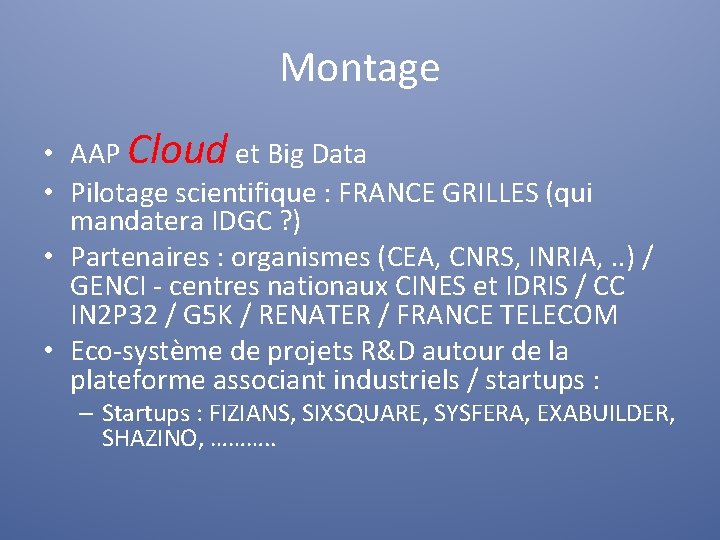 Montage • AAP Cloud et Big Data • Pilotage scientifique : FRANCE GRILLES (qui