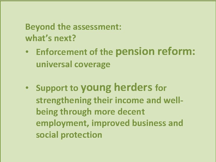 Beyond the assessment: what’s next? • Enforcement of the pension reform: universal coverage •