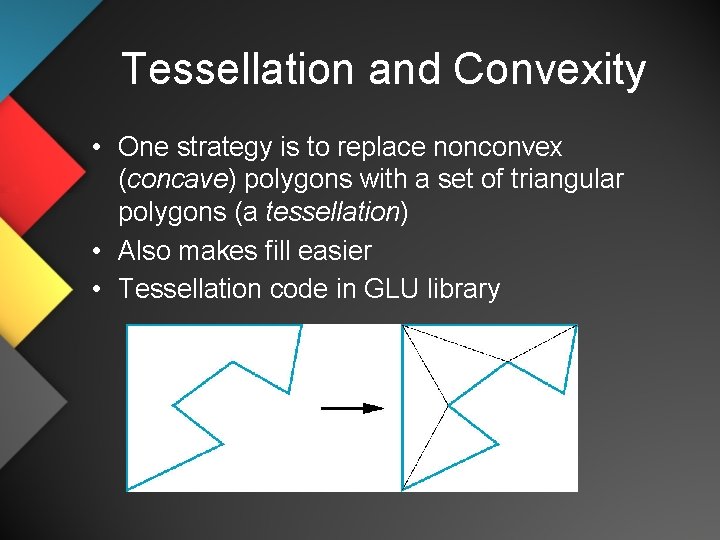 Tessellation and Convexity • One strategy is to replace nonconvex (concave) polygons with a