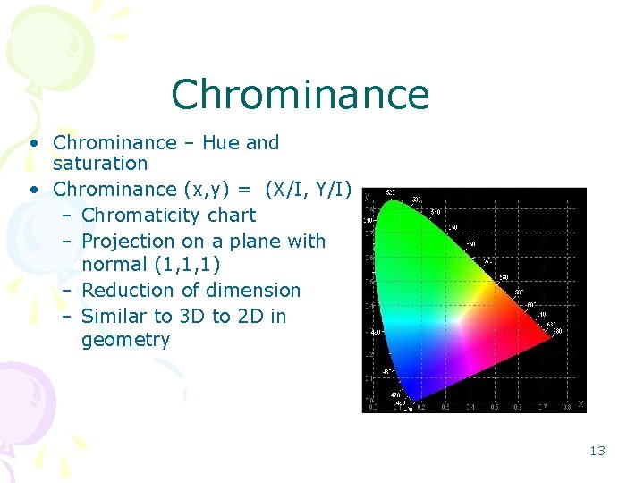 Chrominance • Chrominance – Hue and saturation • Chrominance (x, y) = (X/I, Y/I)