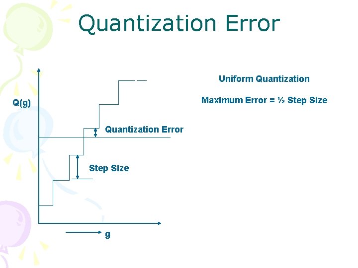 Quantization Error Uniform Quantization Maximum Error = ½ Step Size Q(g) Quantization Error Step