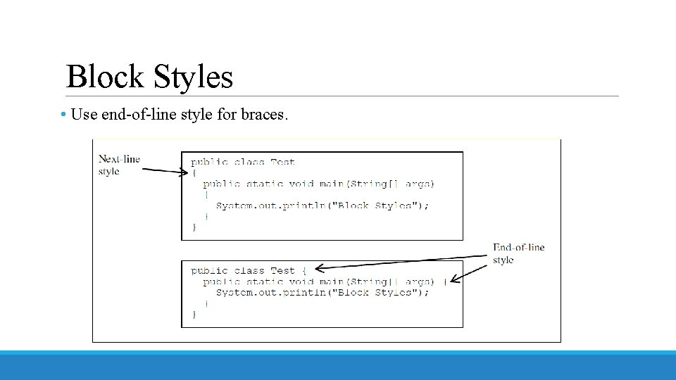 Block Styles • Use end-of-line style for braces. 