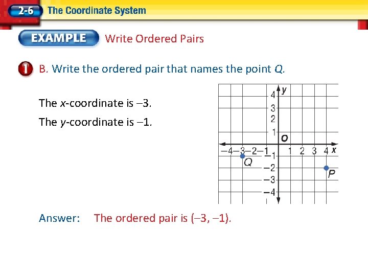 Write Ordered Pairs B. Write the ordered pair that names the point Q. The