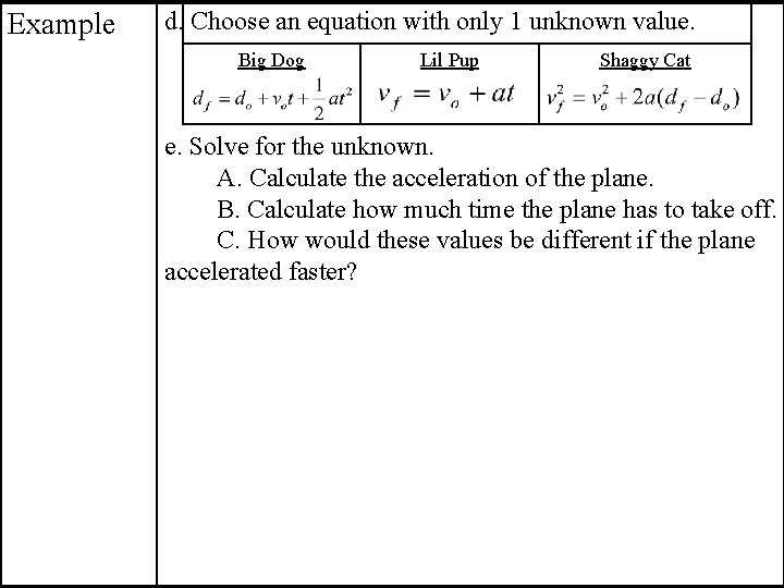 Example d. Choose an equation with only 1 unknown value. Big Dog Lil Pup