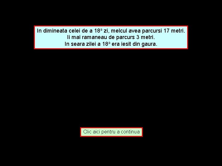 In dimineata celei de a 18 a zi, melcul avea parcursi 17 metri. Ii