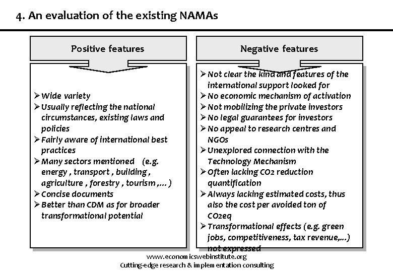 4. An evaluation of the existing NAMAs Positive features Ø Wide variety Ø Usually